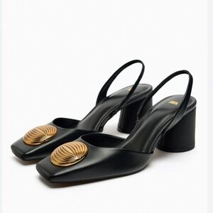 Zara Black Leather Embellished Slingback Heels